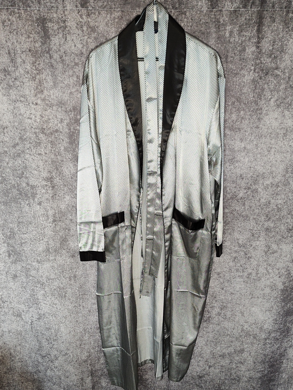 Men's Silver Satin Robe Coat with Black Trim